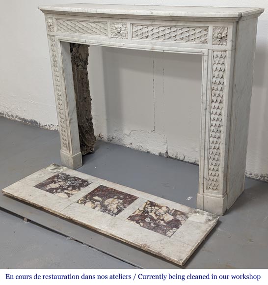 Louis XVI style mantel with carved holly frieze in Carrara marble-9