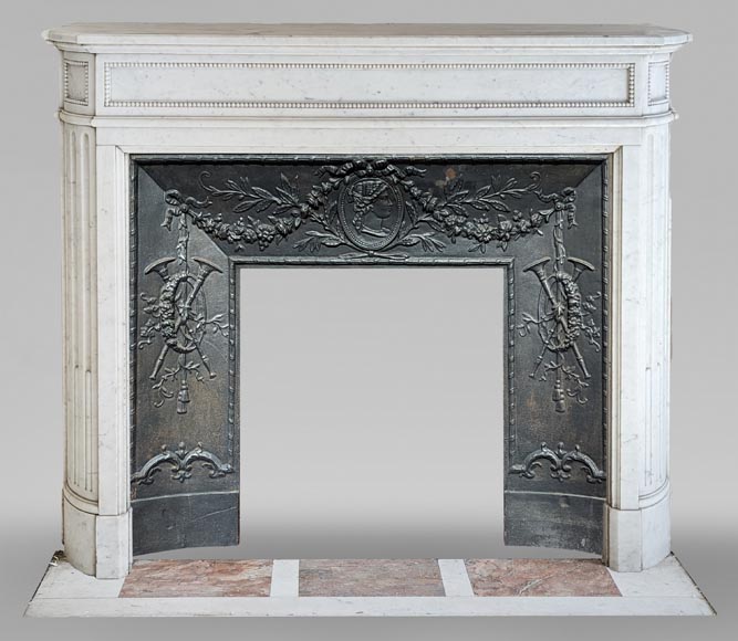 Louis XVI style Carrara marble mantel with rounded corners and beaded frieze-0