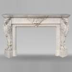 Carved Napoleon III style mantelpiece with chimeras in Carrara marble
