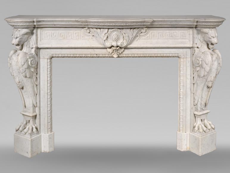 Carved Napoleon III style mantelpiece with chimeras in Carrara marble-0