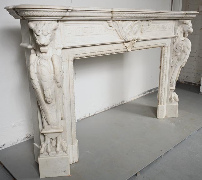 Carved Napoleon III style mantelpiece with chimeras in Carrara marble-4