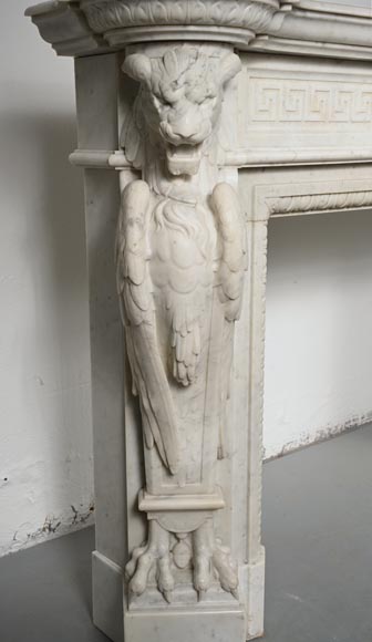 Carved Napoleon III style mantelpiece with chimeras in Carrara marble-5
