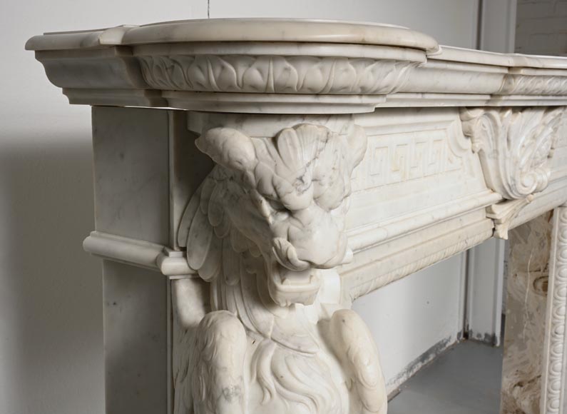 Carved Napoleon III style mantelpiece with chimeras in Carrara marble-6
