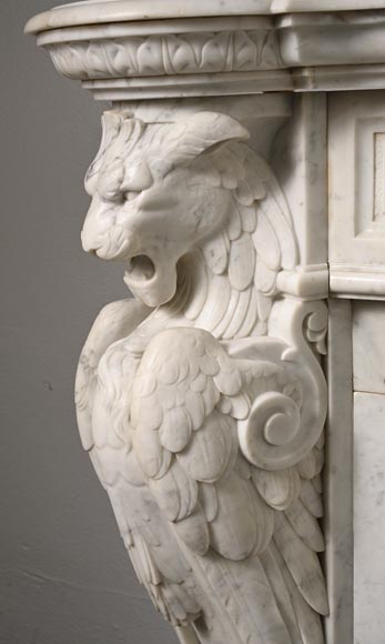 Carved Napoleon III style mantelpiece with chimeras in Carrara marble-7
