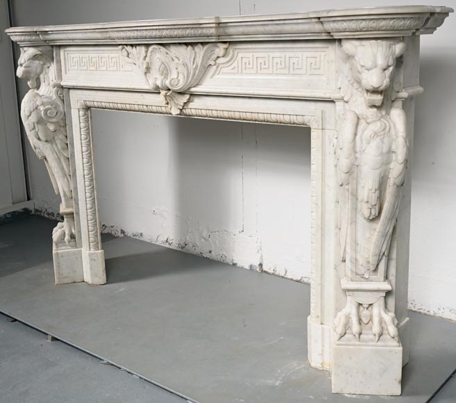 Carved Napoleon III style mantelpiece with chimeras in Carrara marble-13