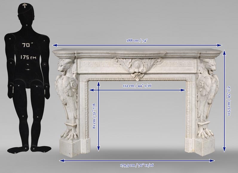 Carved Napoleon III style mantelpiece with chimeras in Carrara marble-18