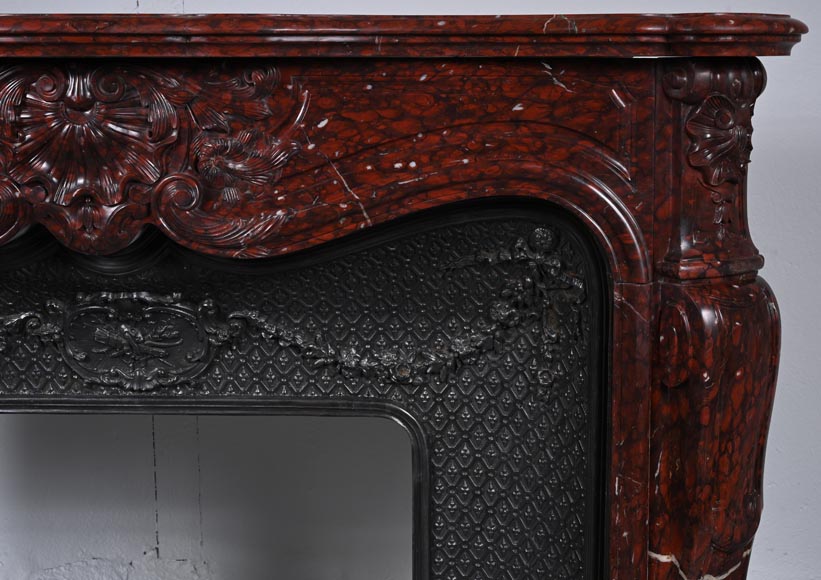 Louis XV style mantel with rich décor of shells and volutes in Griotte marble-9