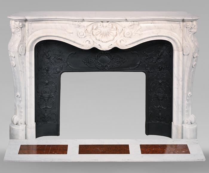 Louis XV style mantelpiece in Carrara marble with shells and flowers-0