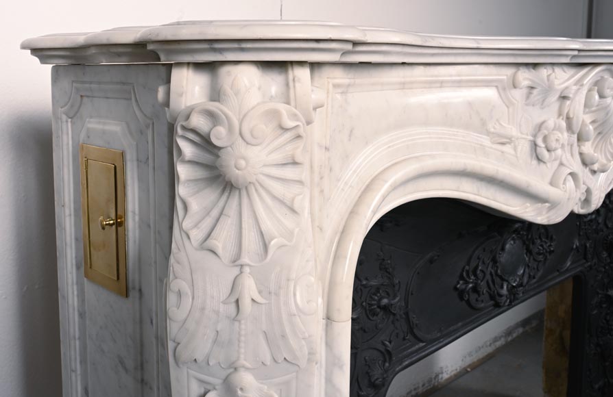 Louis XV style mantelpiece in Carrara marble with shells and flowers-3