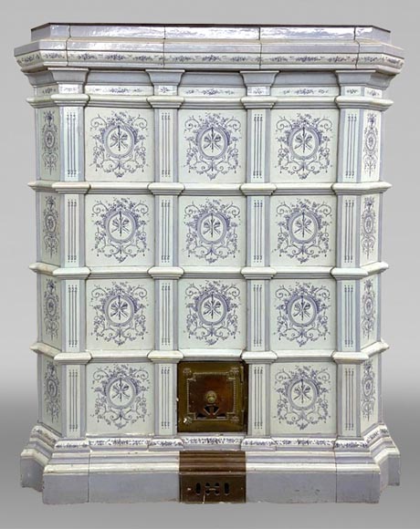 Loebnitz Paris, white ceramic stove with blue decoration-0