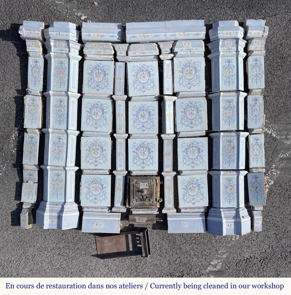 Loebnitz Paris, white ceramic stove with blue decoration-1