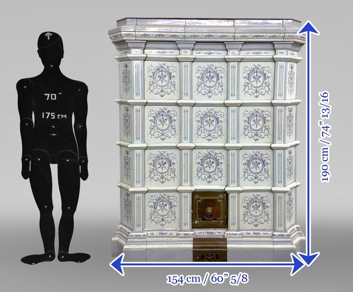 Loebnitz Paris, white ceramic stove with blue decoration-9