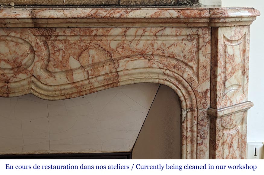 Louis XV style Pompadour mantel in pink and white crystalline marble-6