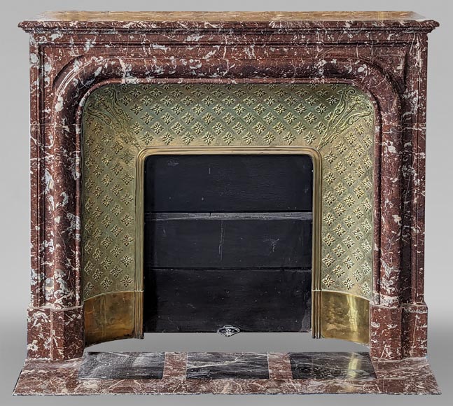 Louis XIV style mantel in Rouge du Nord marble with brass insert-0