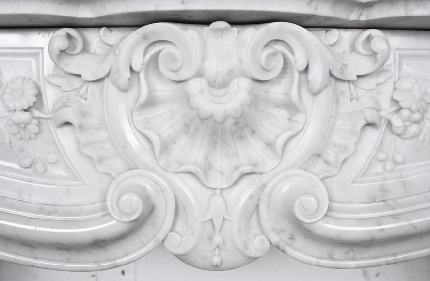 Louis XV style fireplace in Carrara marble, decorated with a floral shell motif-3