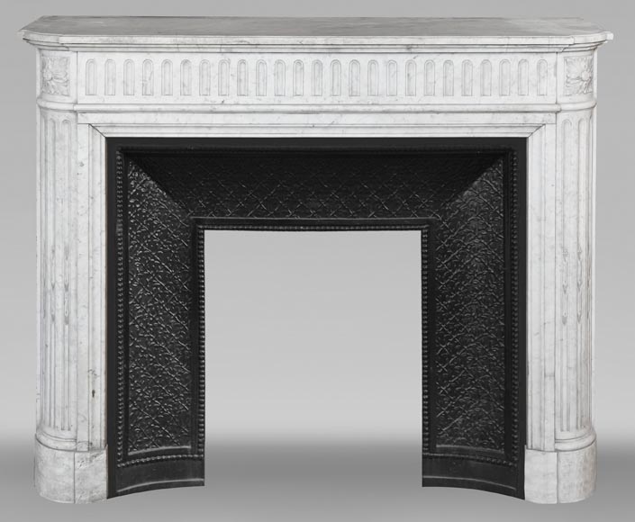  Louis XVI style fireplace in Carrara marble with rounded corners, decorated with rudenture-0