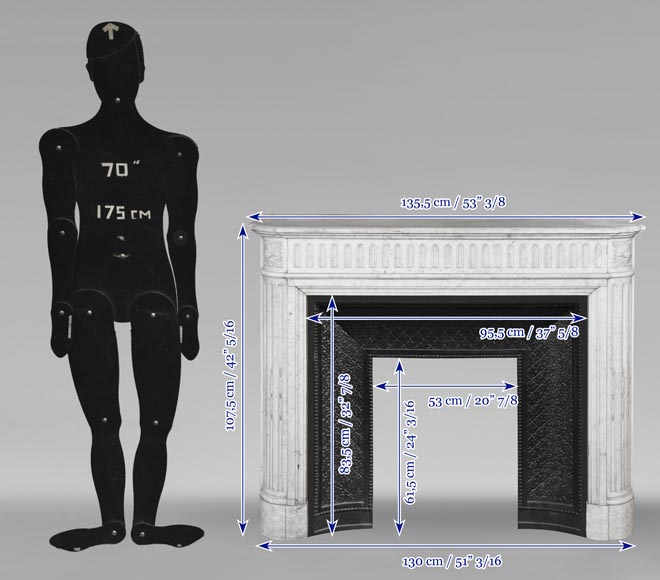  Louis XVI style fireplace in Carrara marble with rounded corners, decorated with rudenture-9