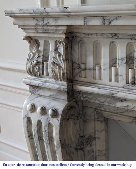 Louis XVI style mantel with curved flutes and carved capitals in highly veined Arabescato marble-5