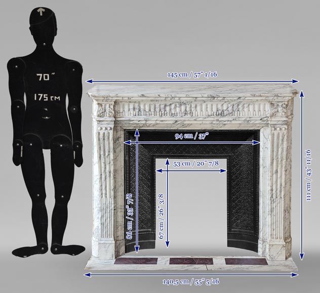 Louis XVI style mantel with curved flutes and carved capitals in highly veined Arabescato marble-13