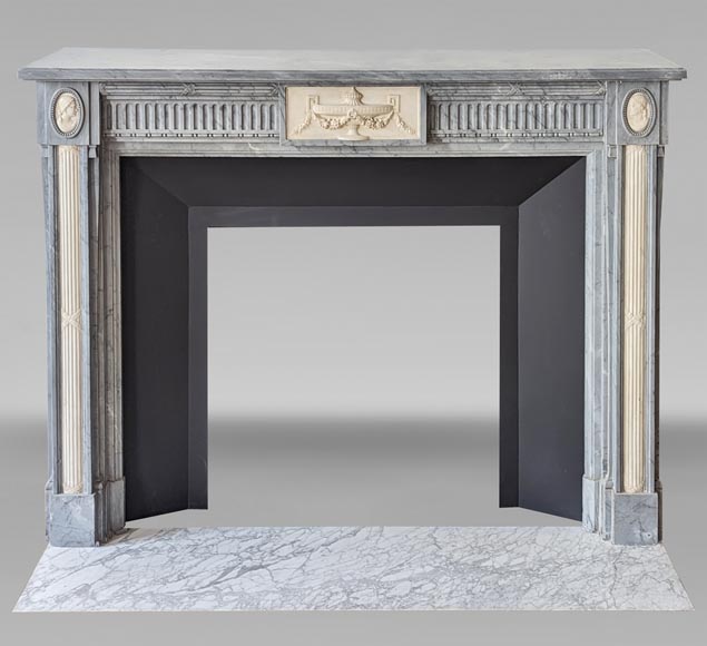 Louis XVI style two-tone mantel with half columns in Turquin and statuary marble-0