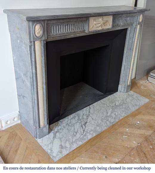 Louis XVI style two-tone mantel with half columns in Turquin and statuary marble-4