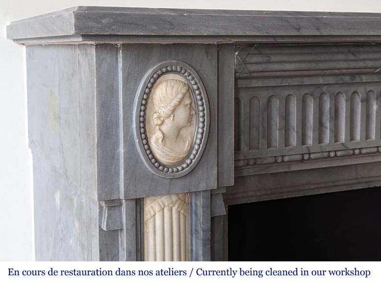 Louis XVI style two-tone mantel with half columns in Turquin and statuary marble-5