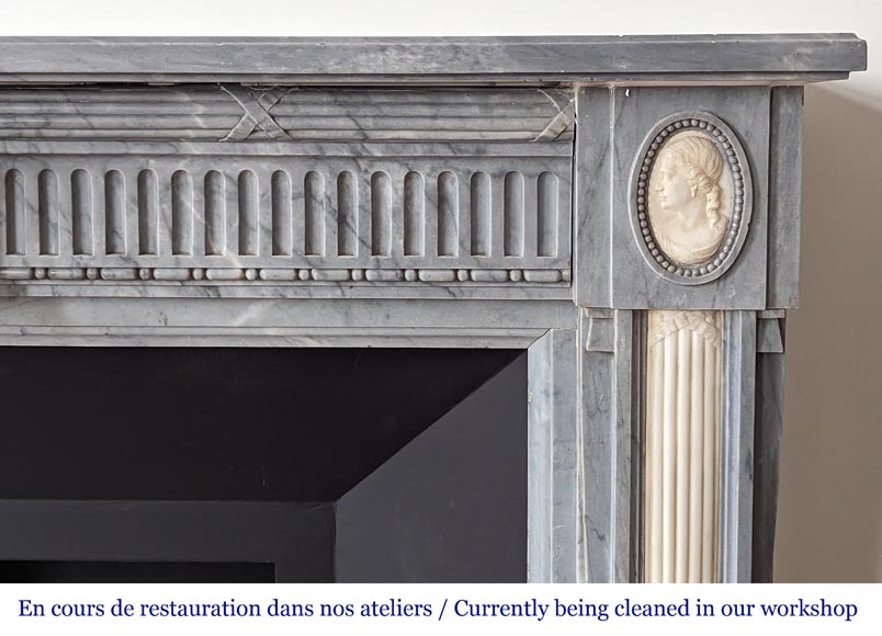 Louis XVI style two-tone mantel with half columns in Turquin and statuary marble-10
