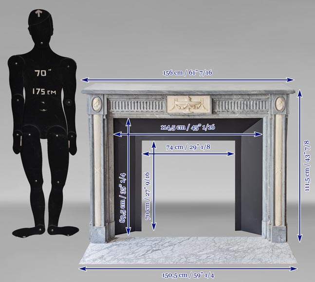 Louis XVI style two-tone mantel with half columns in Turquin and statuary marble-14