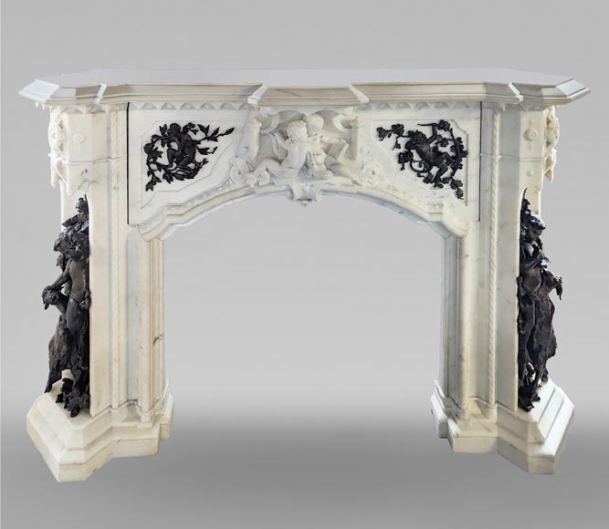 Italian mantelpiece from the 19th century in Carrara marble with carved putti décor in patinated bronze-1