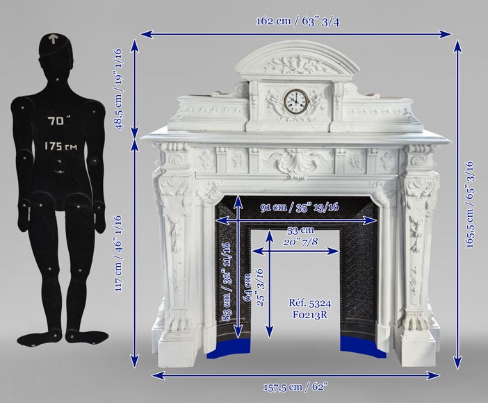 Napoleon III style mantelpiece in Statuario Carrara marble, with mantel top including a clock-12