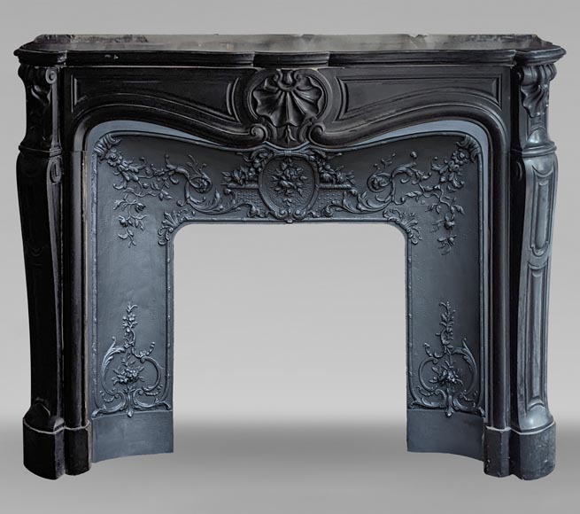Louis XV style three shell mantel carved in fine black marble-0