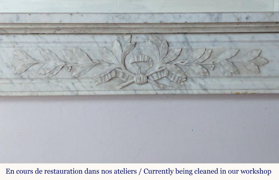 Louis XVI style mantel in Carrara marble adorned with a laurel wreath-1