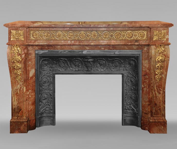 Large Louis XVI style mantel in red breche marble adorned with bronze.-0