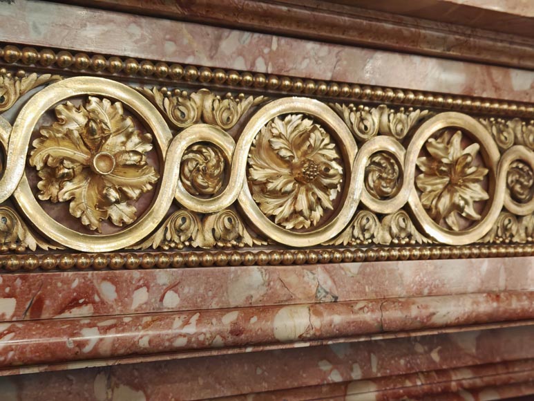 Large Louis XVI style mantel in red breche marble adorned with bronze.-2