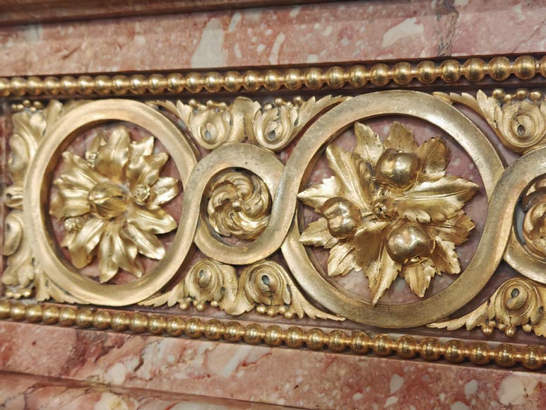 Large Louis XVI style mantel in red breche marble adorned with bronze.-3
