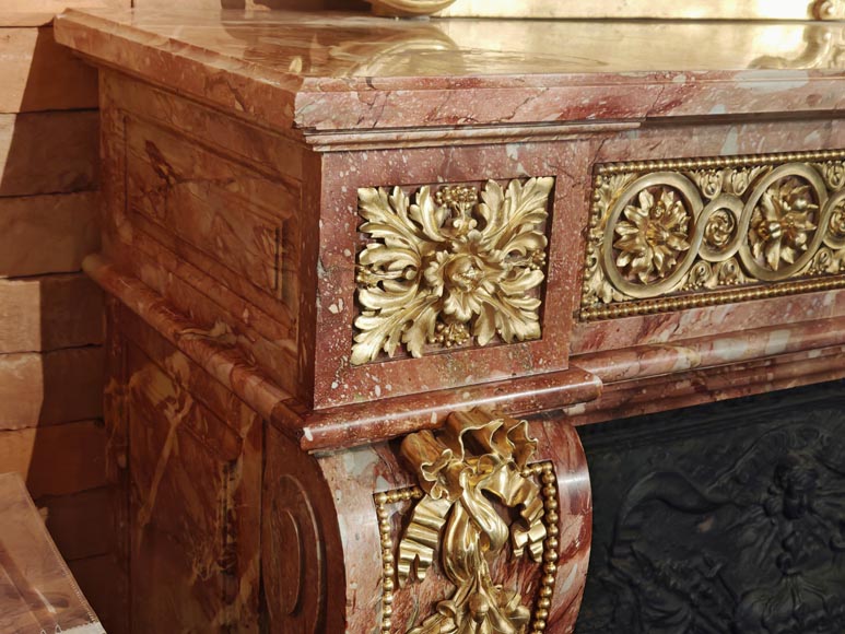 Large Louis XVI style mantel in red breche marble adorned with bronze.-5