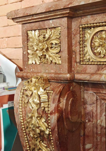 Large Louis XVI style mantel in red breche marble adorned with bronze.-6