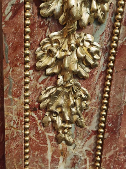 Large Louis XVI style mantel in red breche marble adorned with bronze.-7
