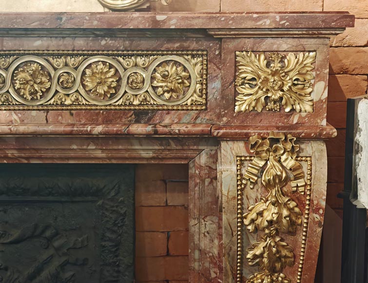 Large Louis XVI style mantel in red breche marble adorned with bronze.-9
