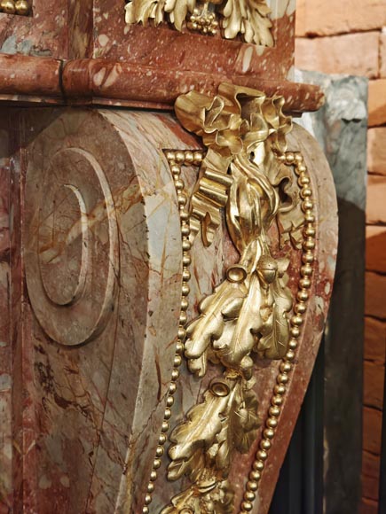 Large Louis XVI style mantel in red breche marble adorned with bronze.-10