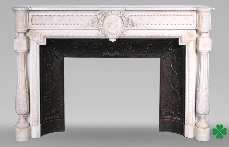 Louis XVI style white marble fireplace with rounded columns and female profile medallion-0