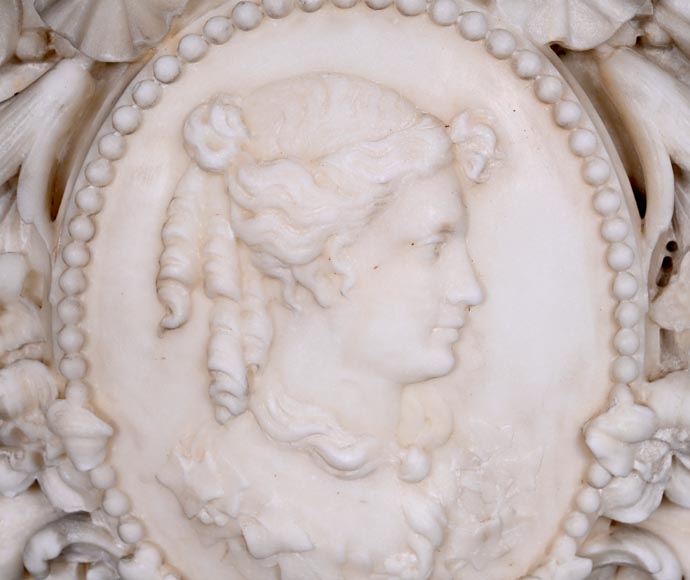 Louis XVI style white marble fireplace with rounded columns and female profile medallion-3