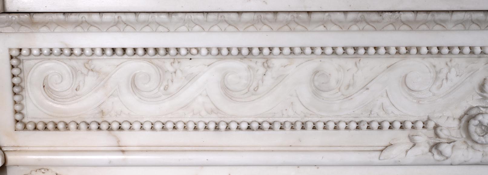 Louis XVI style white marble fireplace with rounded columns and female profile medallion-4