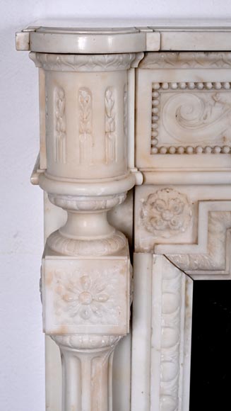 Louis XVI style white marble fireplace with rounded columns and female profile medallion-6