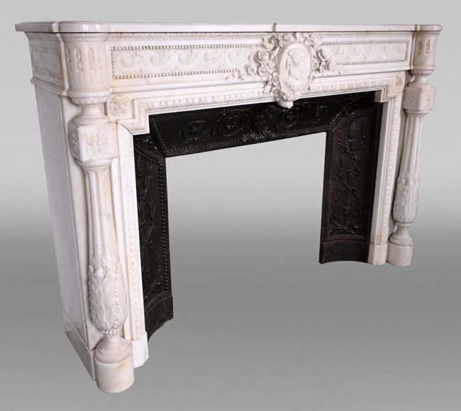 Louis XVI style white marble fireplace with rounded columns and female profile medallion-8