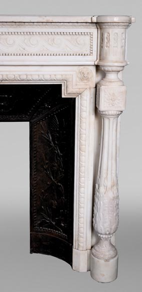 Louis XVI style white marble fireplace with rounded columns and female profile medallion-10