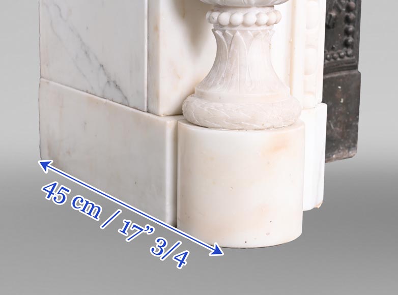 Louis XVI style white marble fireplace with rounded columns and female profile medallion-12