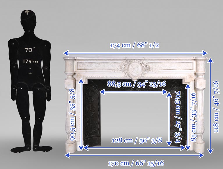 Louis XVI style white marble fireplace with rounded columns and female profile medallion-14