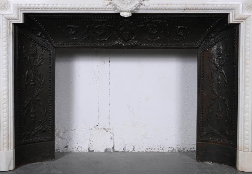 Louis XVI style white marble fireplace with columns and female profile medallion-15