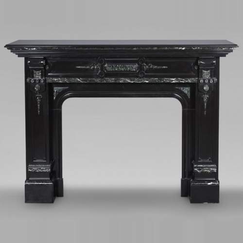 Napoleon III style two-tone mantel carved in fine black and Vert de Mer marble